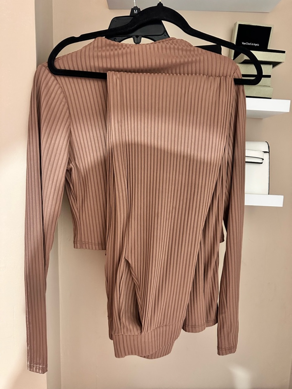 Ribbed Long-Sleeve Crop Top & pants set- Brown